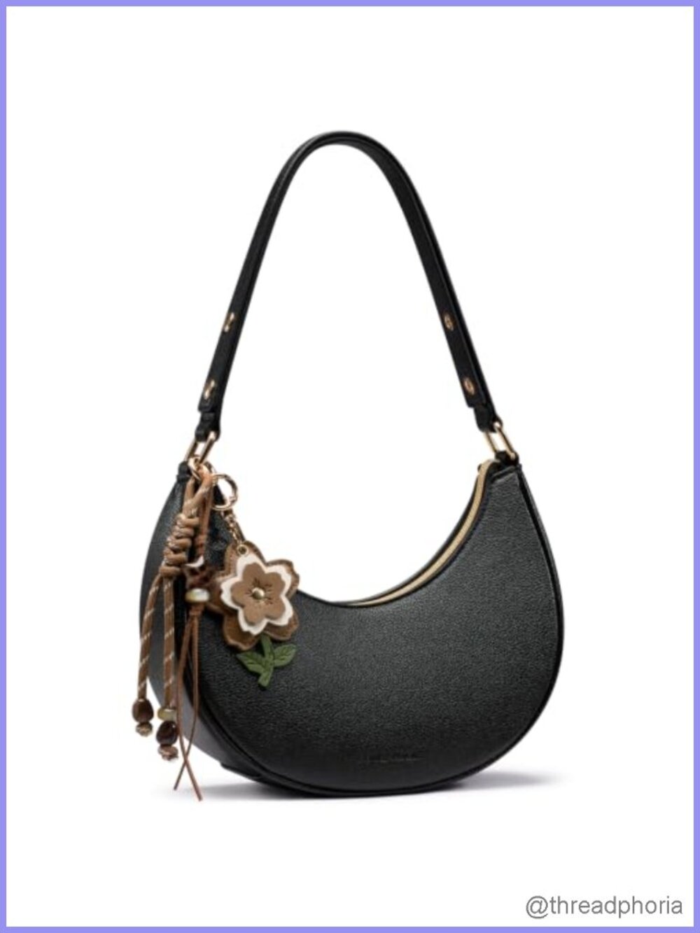 Faux Leather Crescent Shoulder Bag Floral Charm Lightweight Purse